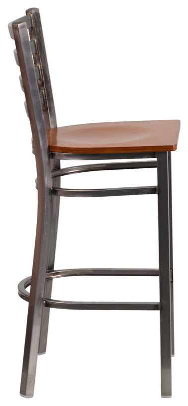 Clear Coated Ladder Back Metal Restaurant Barstool, Cherry Wood Seat