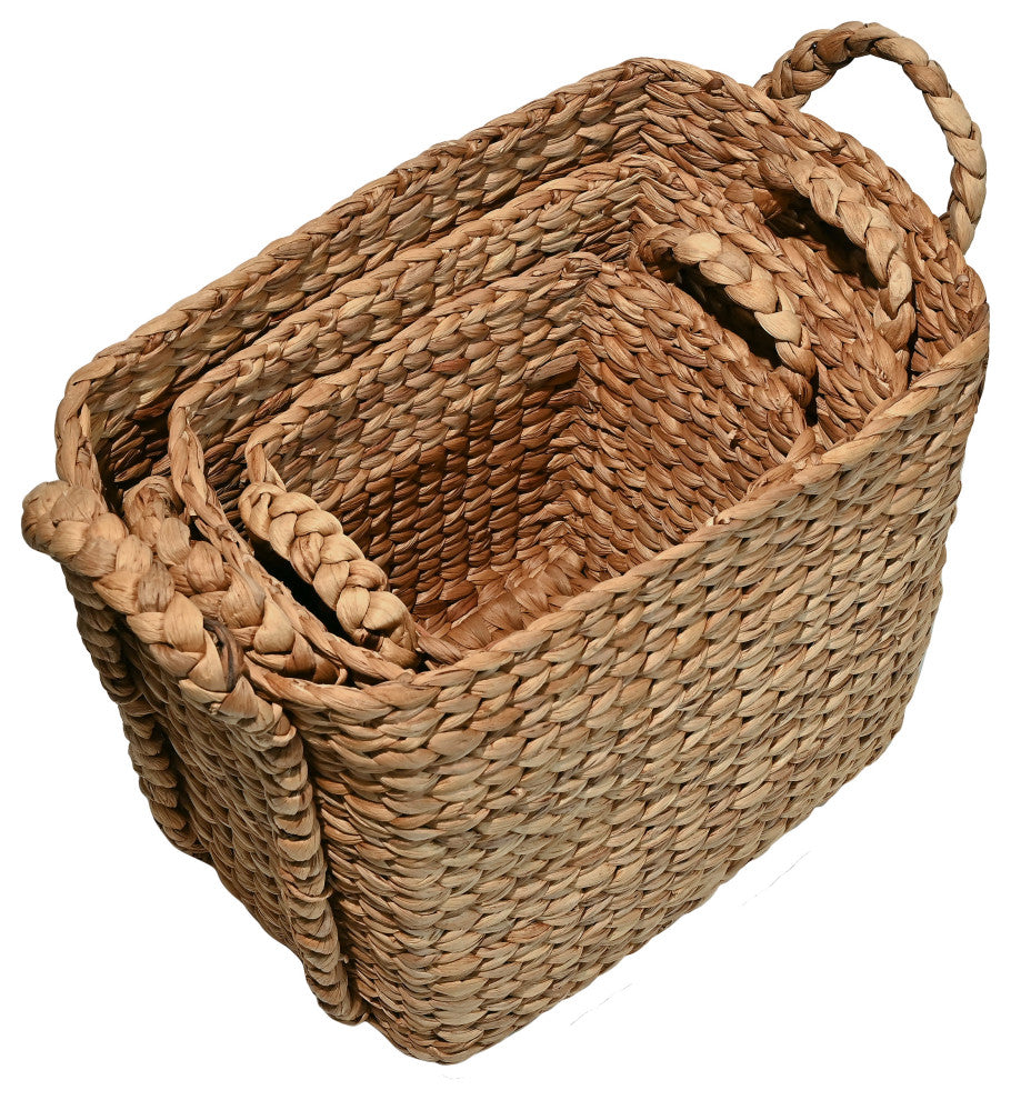 Clara Handwoven Hyacinth Rectangle Storage Floor Baskets With Handles, Set of 3