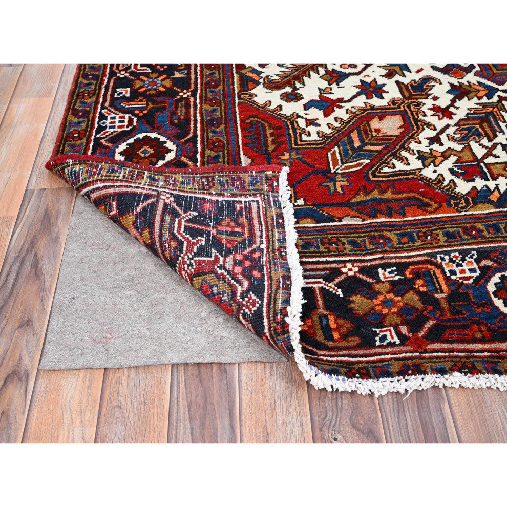 Tomato Red Pure Wool Hand Knotted Semi Antique Persian Heriz Rug 8'5"x10'9"