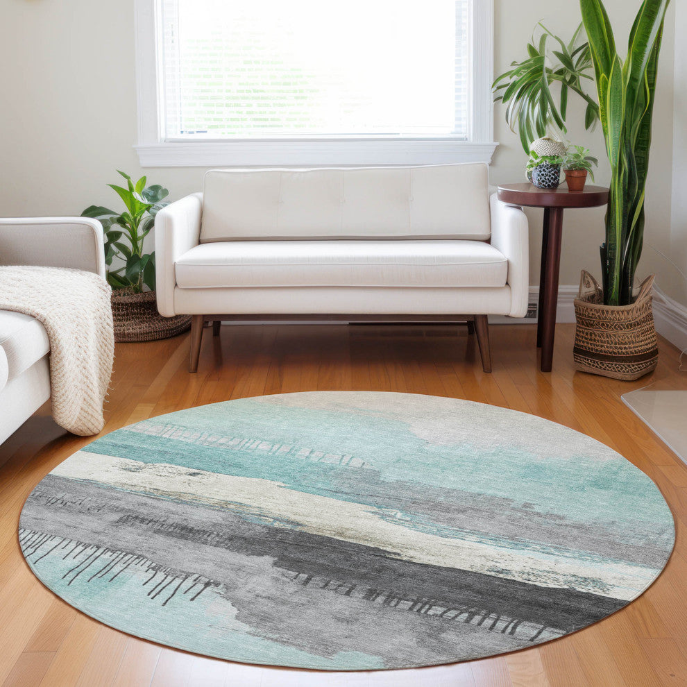 Machine Washable Indoor/Outdoor Chantille ACN1880 Teal 8' x 8' Round Rug