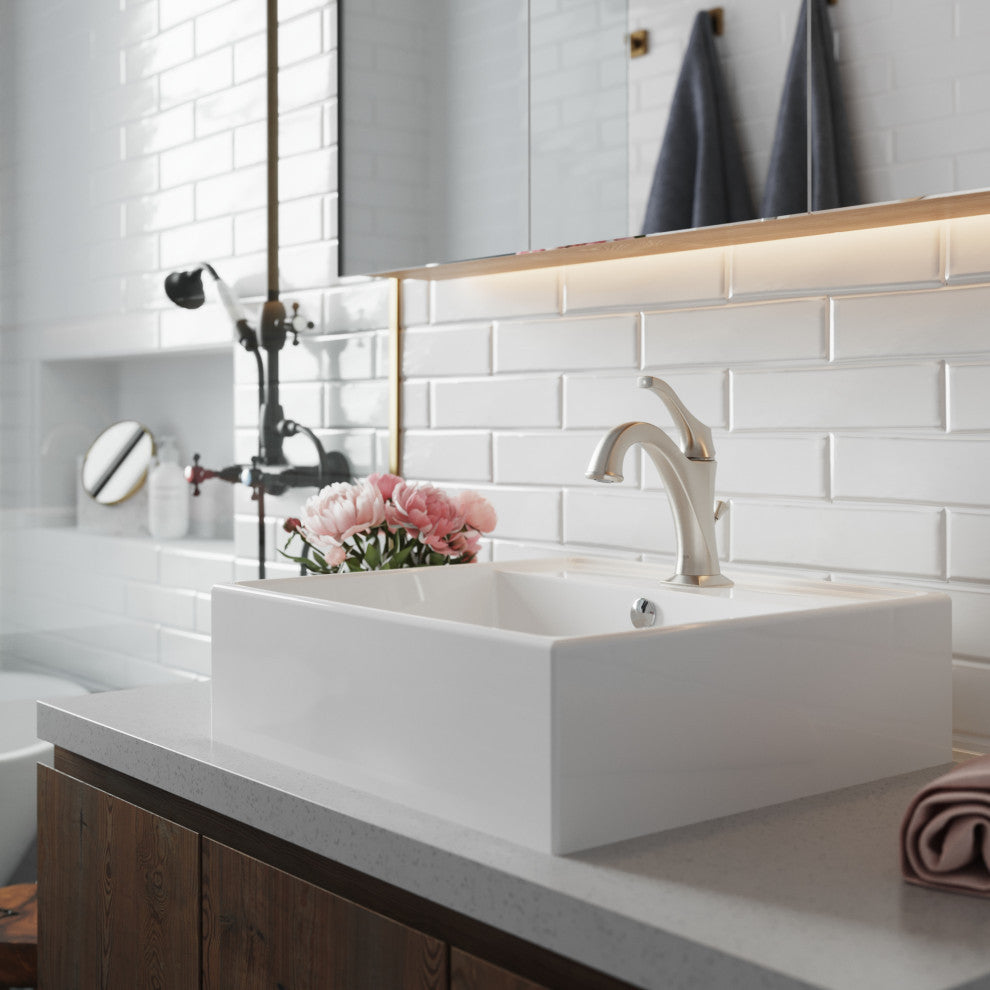 Elavo Square Ceramic Vessel Sink, Bathroom Arlo Faucet, Drain, SFS Stainless
