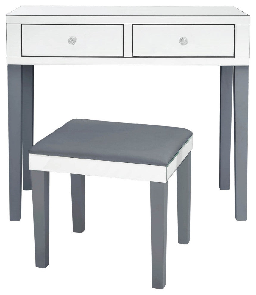 Venecia Mirrored 2-Drawer Vanity Table with Stool Set, Grey