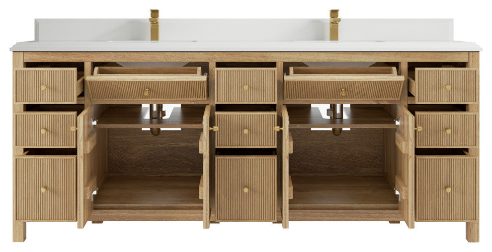 Sonoma 84 Double Sink Bath Vanity in Light Natural Teak with 1.5" White Quartz