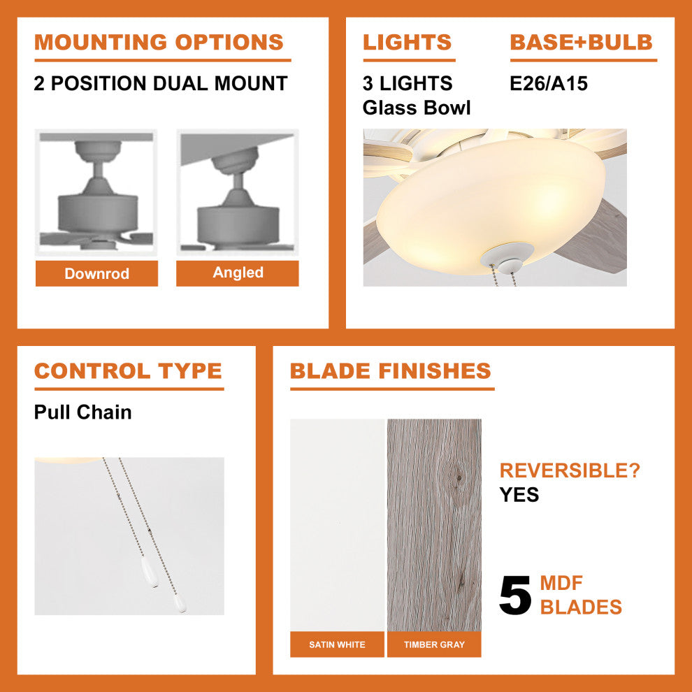 52-inch White  Modern Ceiling Fan with Light