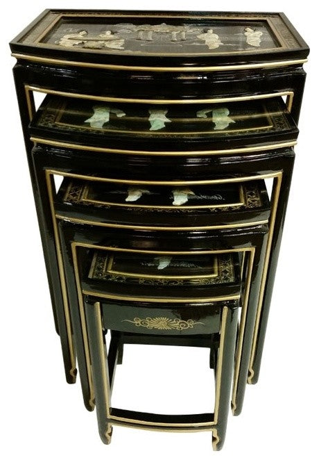 Black Lacquer Asian Stacking Tables, 4-Piece Set