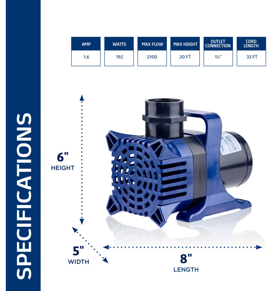 2100 GPH Cyclone Pump for Ponds, Fountains, Waterfalls, and Water Circulation