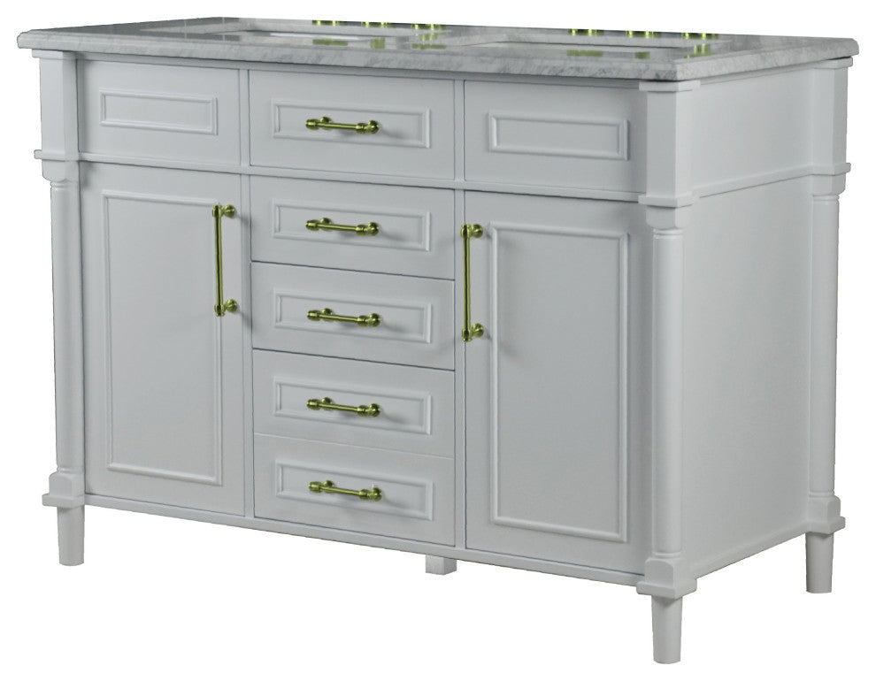 48" Double Vanity, White With White Carrara Marble Top