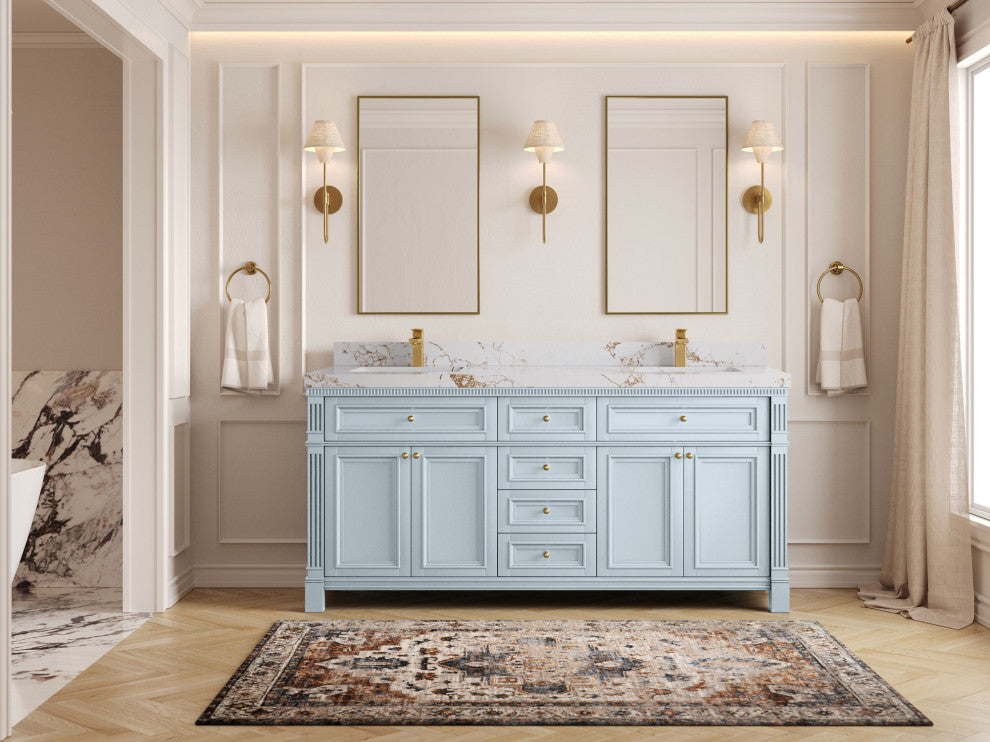 Paris 72" Double Sink Bathroom Vanity, Blue Heather 2" Viola Gold