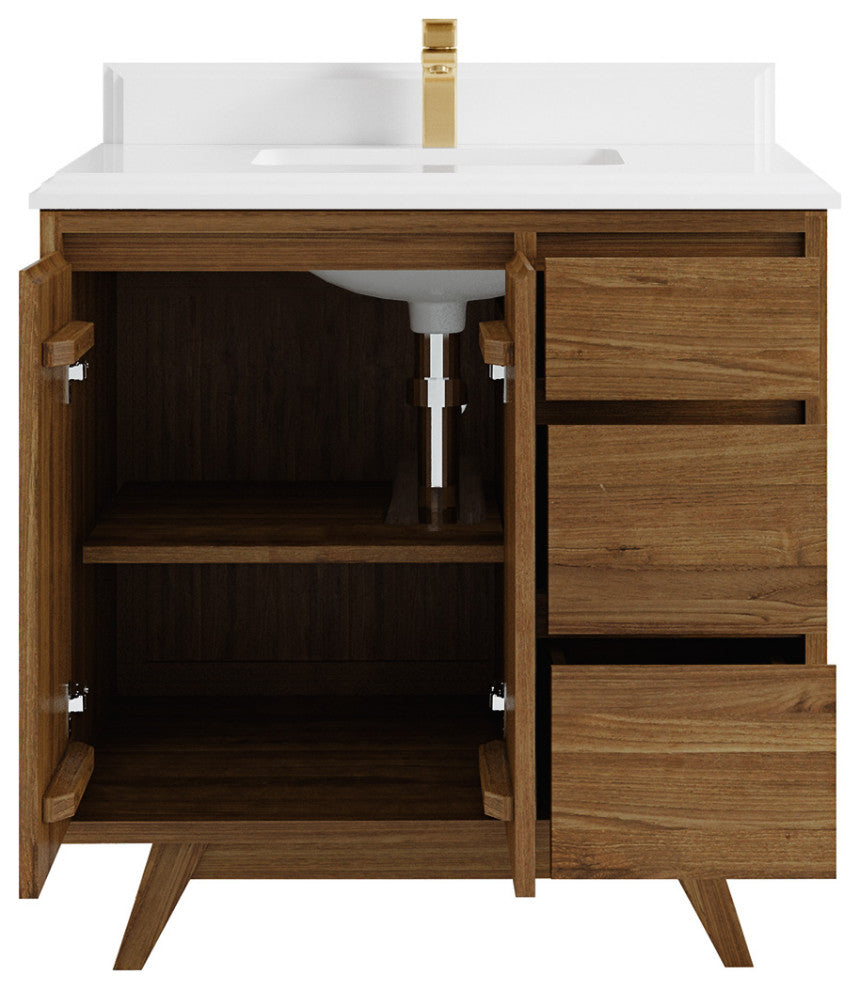 Madison Teak 36 Center Sink Bath Vanity in Dark Natural 1.5" White Quartz