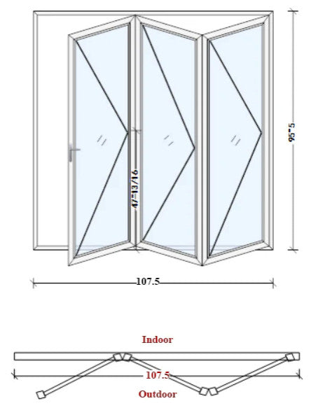 Aluminum folding patio doors 108"x96", white color. low e glass R-L30