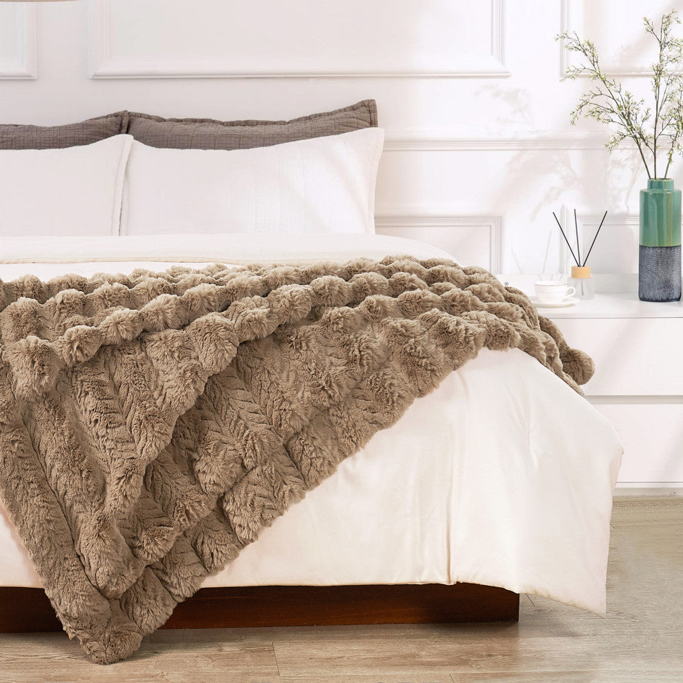 Tread Rabbit Faux Fur Throw Blanket, Tan