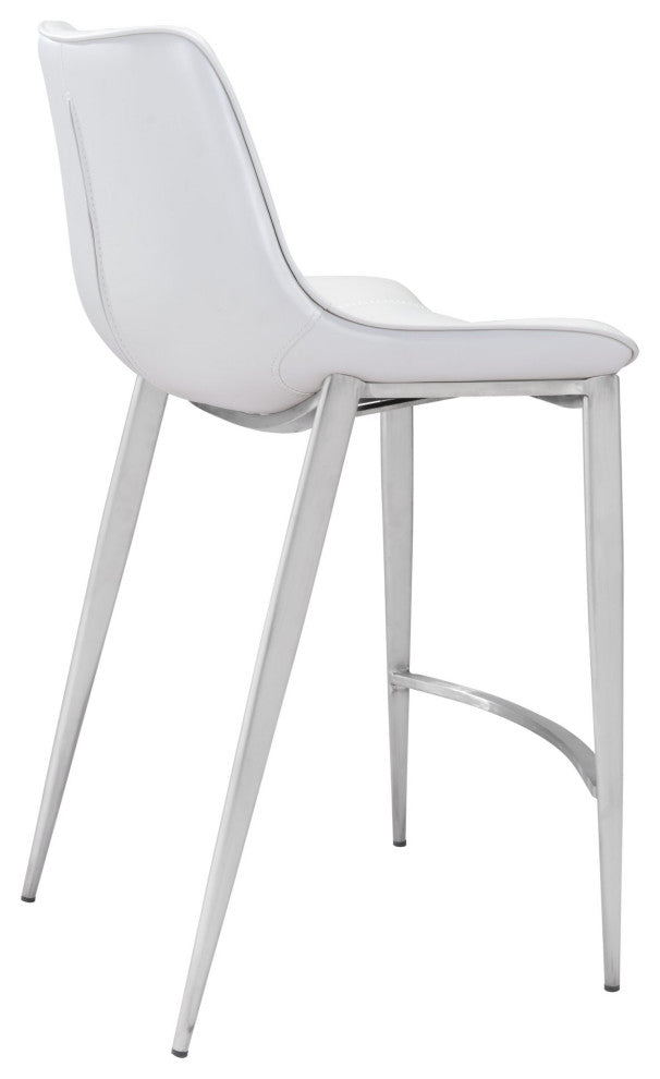Counter Stool Chair, Set of 2, Faux Vinyl Leather, Steel, White, Silver, Cafe