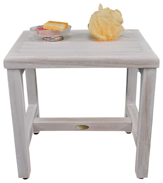 Compact Rectangular Teak Shower Or Outdoor Bench In Driftwood Finish