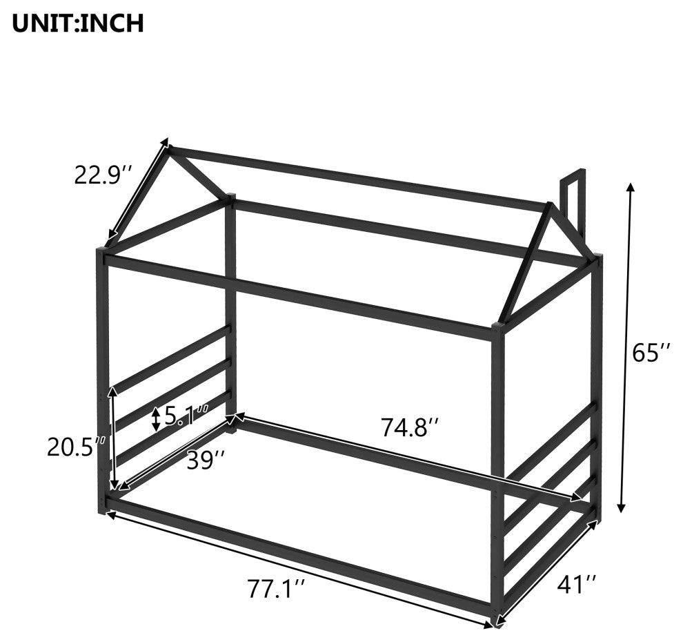 Gewnee House Platform Bed with Roof and Chimney Design,Black