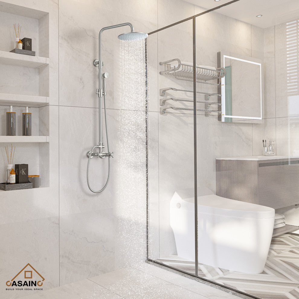 10inch Wall Mount Exposed Pipe Rainfall Shower System with Hand Shower, Brushed Nickel