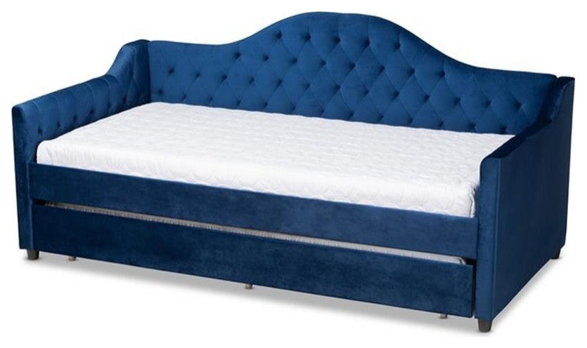 Perry Royal Blue Velvet and Button Tufted Twin Size Daybed With Trundle