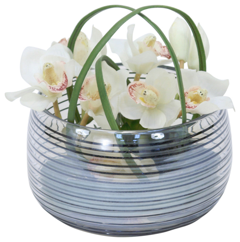 Orchids in Black Ring Glass Bowl