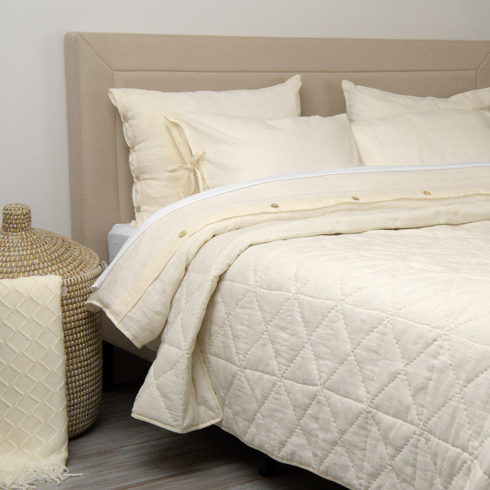 Linen and Cotton Square Quilt, White, Queen
