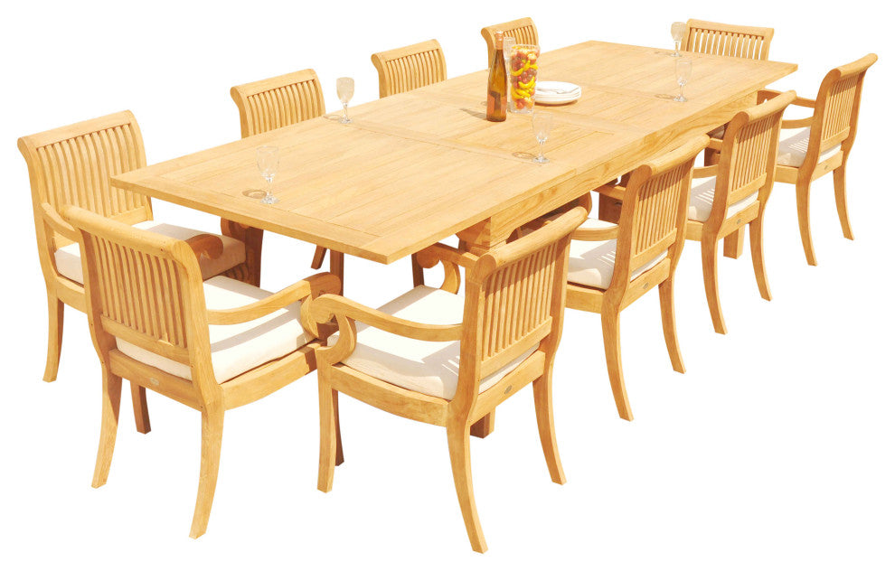 11-Piece Outdoor Teak Dining Set: 122" Rectangle Extn Table, 10 Giva Arm Chairs