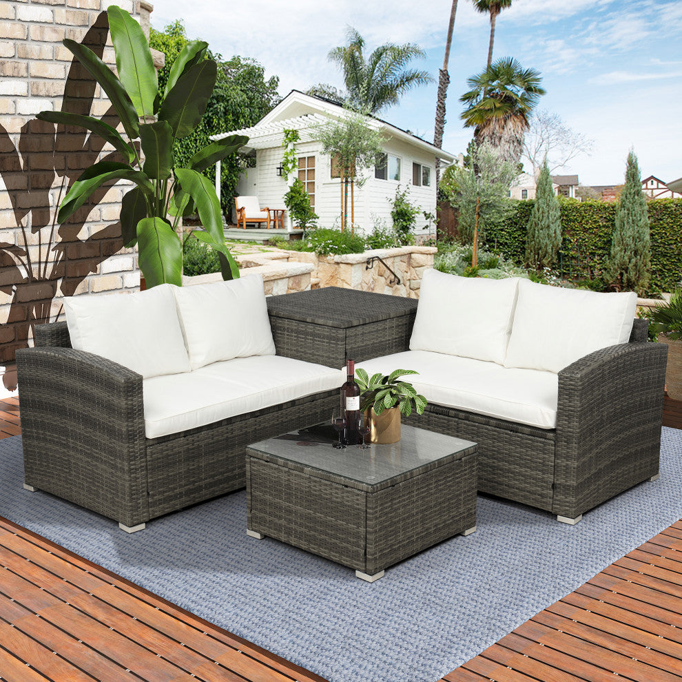 4 Pieces Outdoor Rattan Wicker Patio Sectional With Storage and Cushions