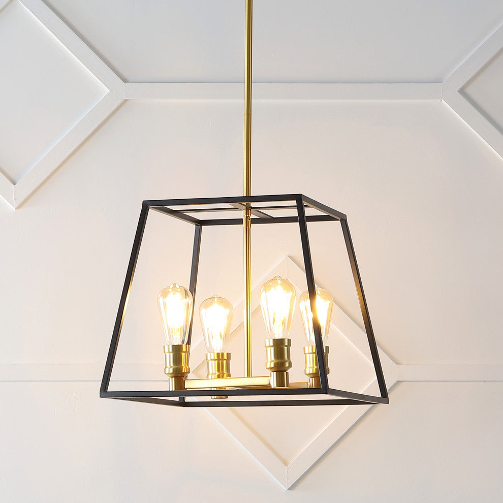 Lloyd 4-Light Industrial Iron LED Pendant, Black/Brass Gold, Width: 15"