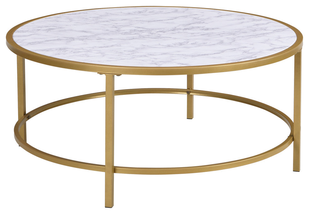 Verazano Faux Marble Top 36" Round Coffee Table, Gold