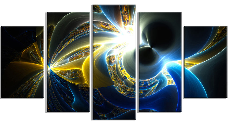 Glowing Blue Yellow Plasma, Contemporary Wall Art Canvas, 60"x32", 5 Panels
