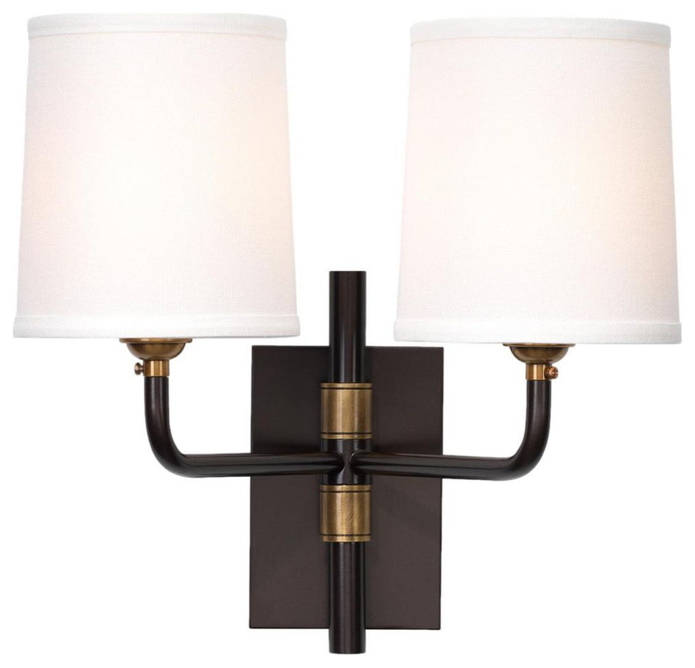 Classic Traditional Double Arm 2 Light Wall Sconce Bronze White Shades Elegant