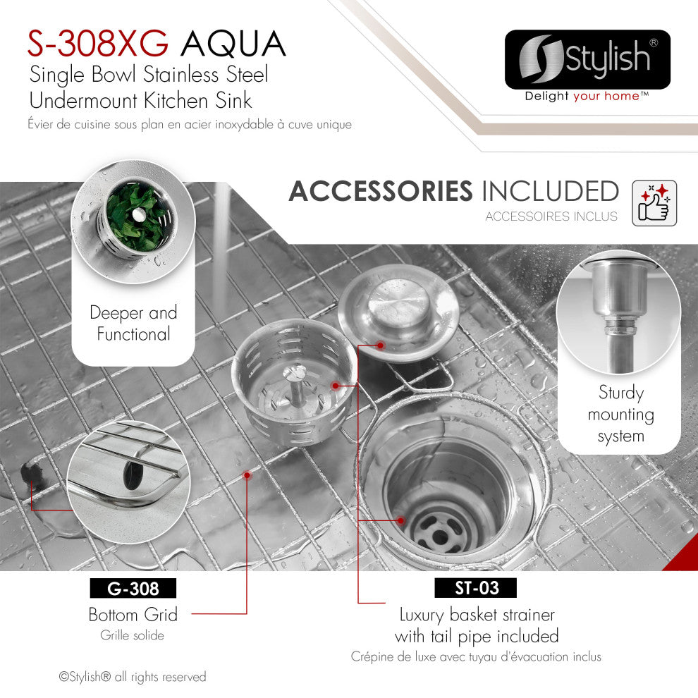 STYLISH 19"L x 18"W Undermount Kitchen Sink Single Bowl with Grid and Strainer