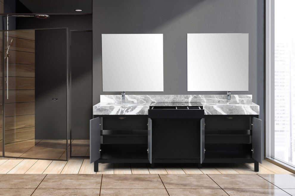 Zilara Black and Grey 84" Double Vanity Set, Monte Chrome Faucet Set