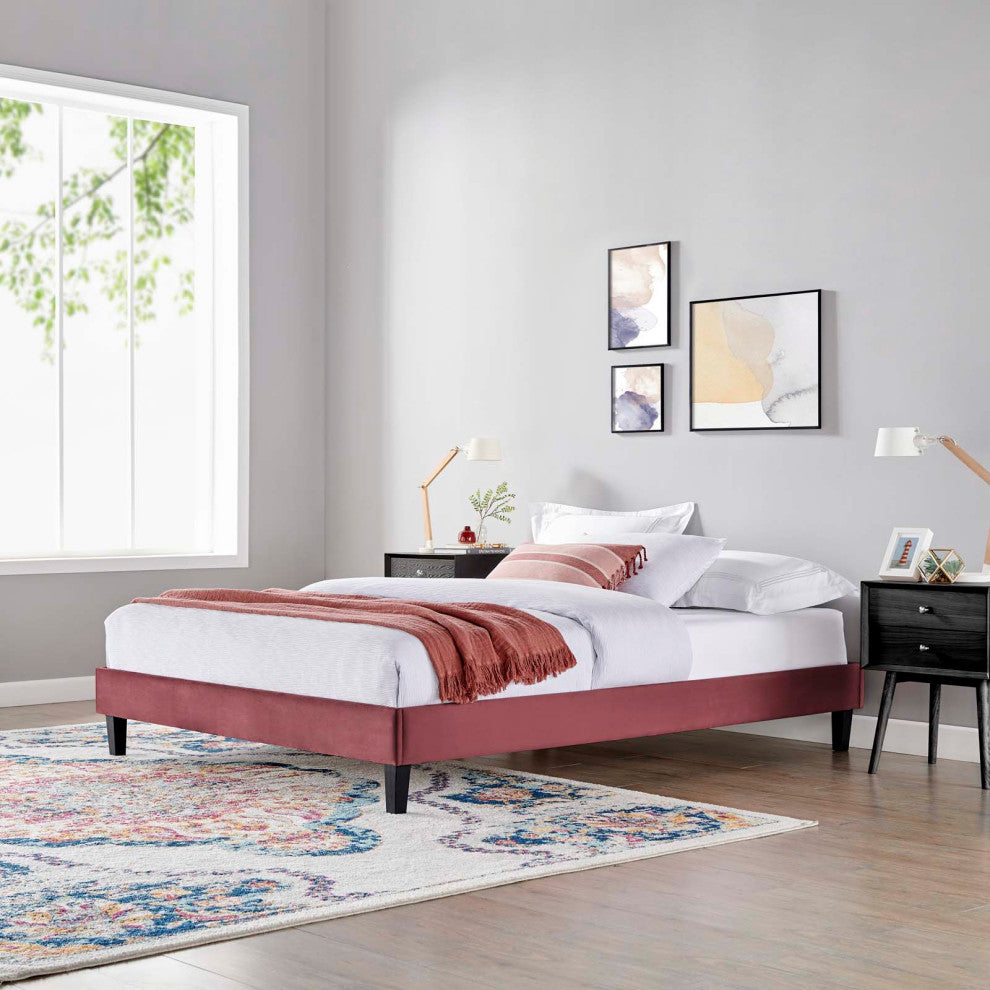 Platform Bed Frame, Queen Size, Velvet, Pink, Modern Contemporary, Bedroom
