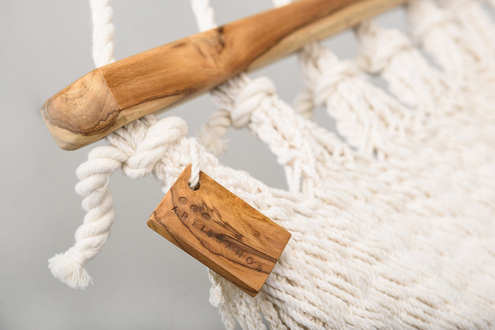 Boho Natural Cotton Hammock With Geometric Fringe, Wooden Bar