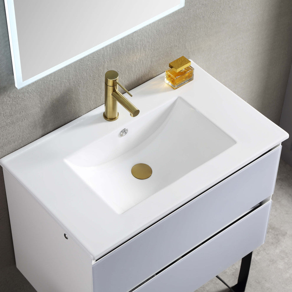 LED Lighted Bathroom Vanity With Ceramic Sink and Dimmed Light, Light Gray, 30"