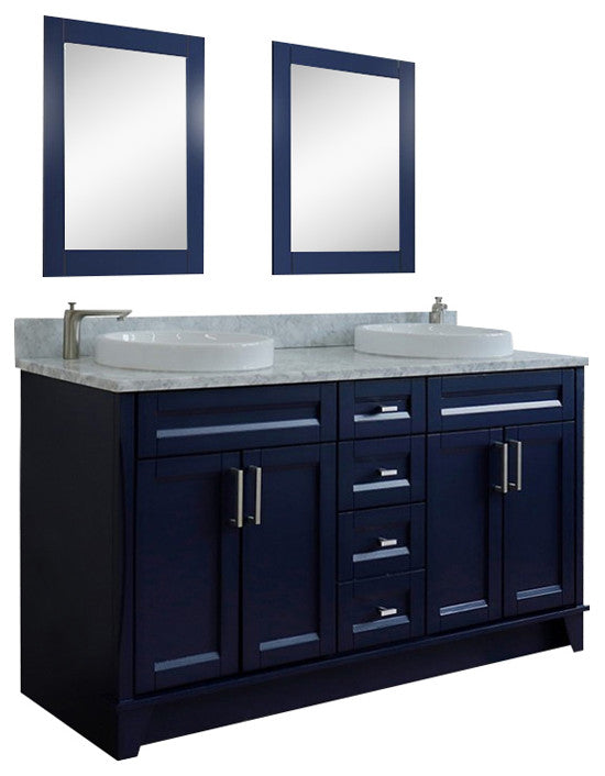 61" Double Sink Vanity, Blue Finish And White Carrara Marble And Round Sink