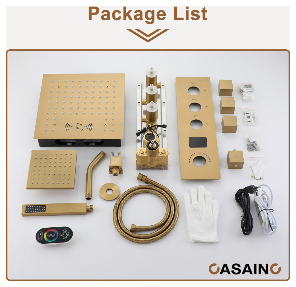 12inch Luxury Shower Dual Shower Head System With LED Light and Bluetooth, Brushed Gold