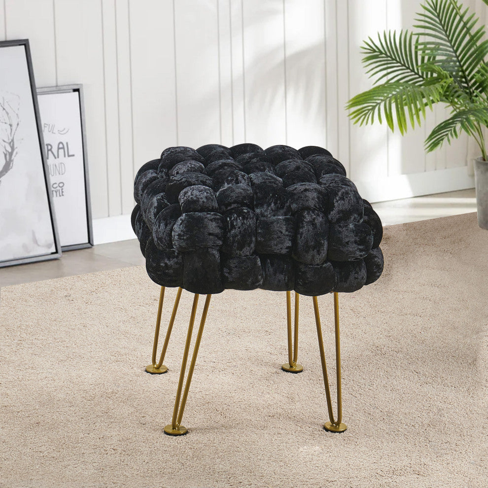 Crushed Velvet Pouf Stool, Jet Black, 16''x16''x16''