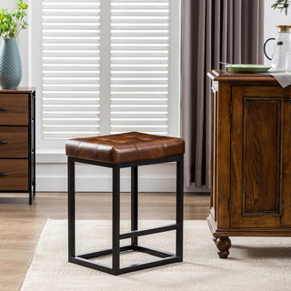 Button Tufted Open Frame Counter Stools, Yellowish Brown, 24 Inch