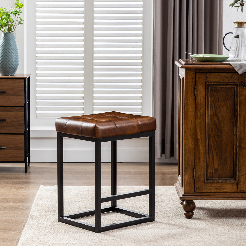 Button Tufted Open Frame Counter Stools, Yellowish Brown, 24 Inch