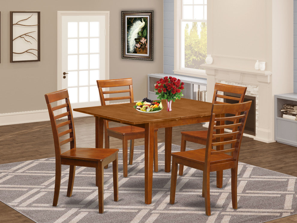 5 Pcmilan With Leaf And 4 Wood Seat Chairs In Saddle Brown