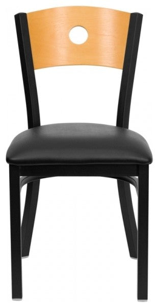 Black Circle Back Metal Restaurant Chair, Natural Wood Back, Black Vinyl Seat