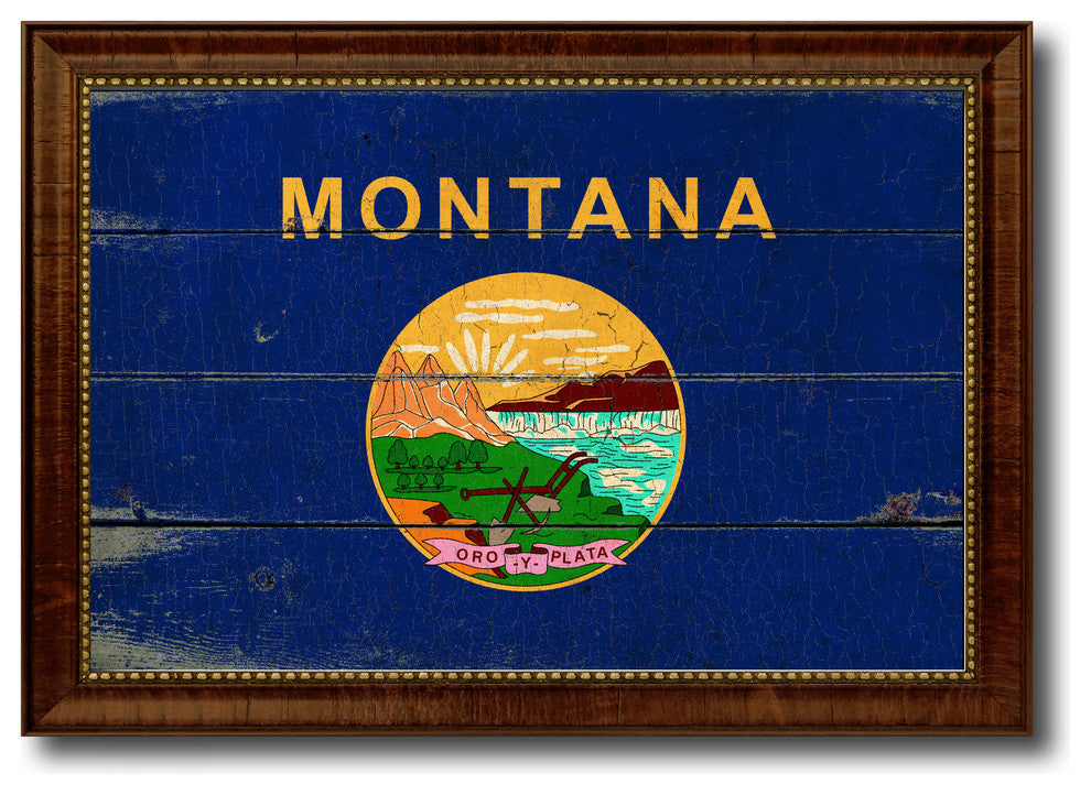 Montana State Vintage Flag Print With Brown Gold Frame, 23"X33"
