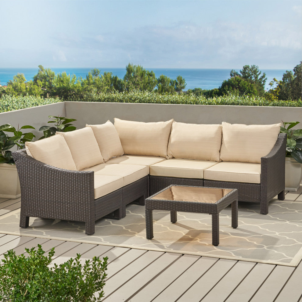 GDF Studio 6-Piece Caspian Outdoor Wicker Sectional Sofa Set With Cushions, Brow