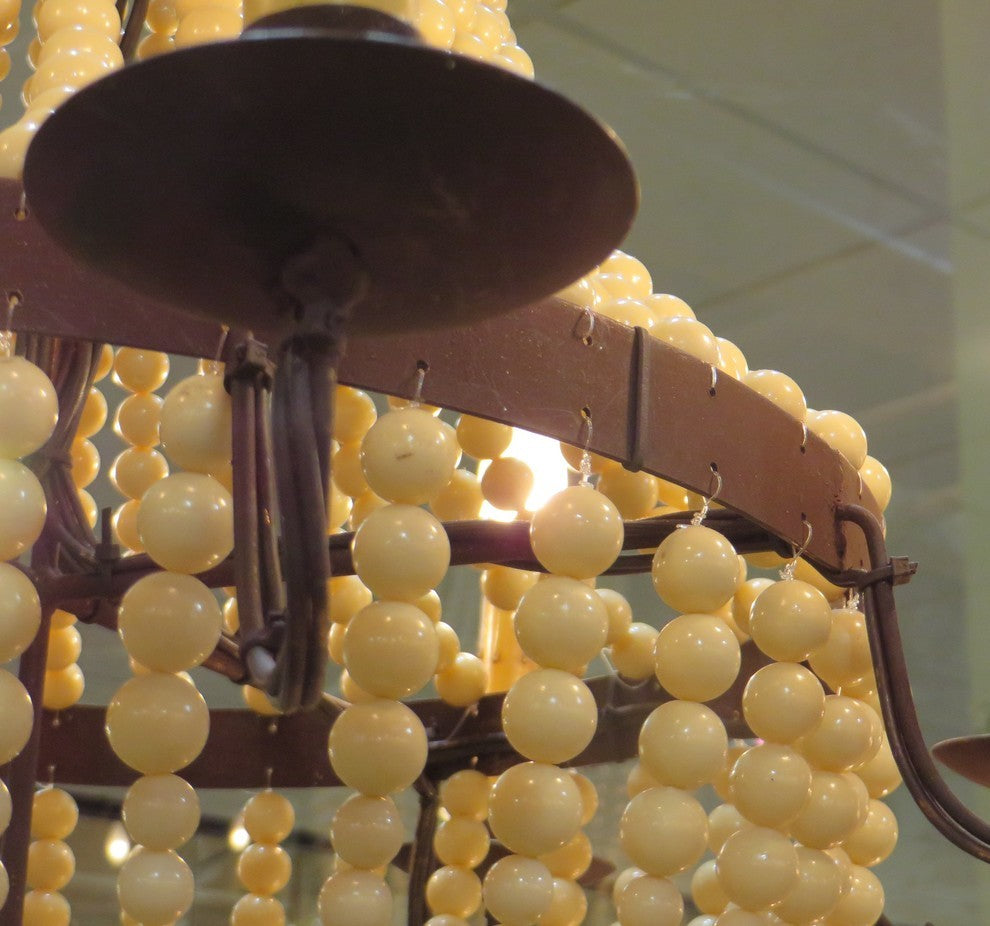 Romantic Iron Cream Beaded Candle Chandelier, Victorian 6-Light Baroque