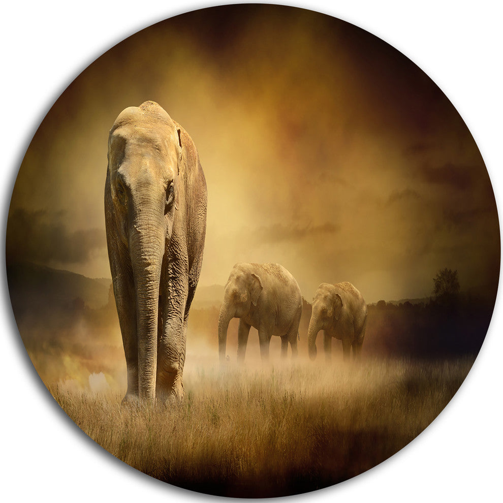 Elephants At Sunset, Animal Contemporary Disc Metal Wall Art, 11"