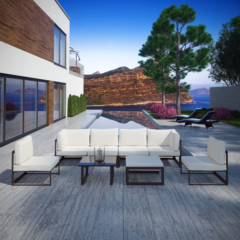 Modern Urban Contemporary Outdoor Patio Sectional Sofa Set, Brown White Fabric