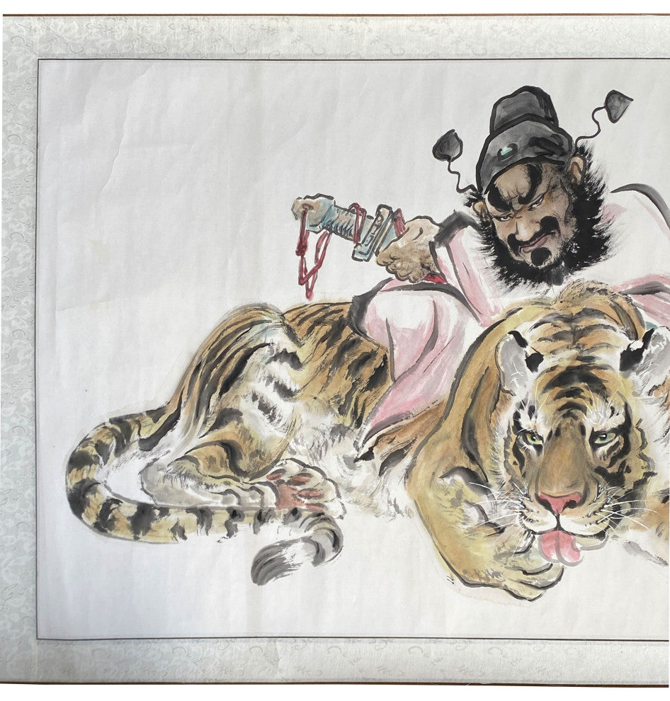 Chinese Color Ink Horizontal Tiger Fengshui Scroll Painting Wall Art, Hws2239