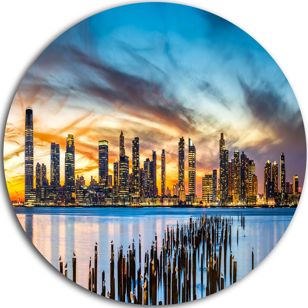 Jersey City Panorama At Sunset, Cityscape Disc Metal Wall Art, 38"