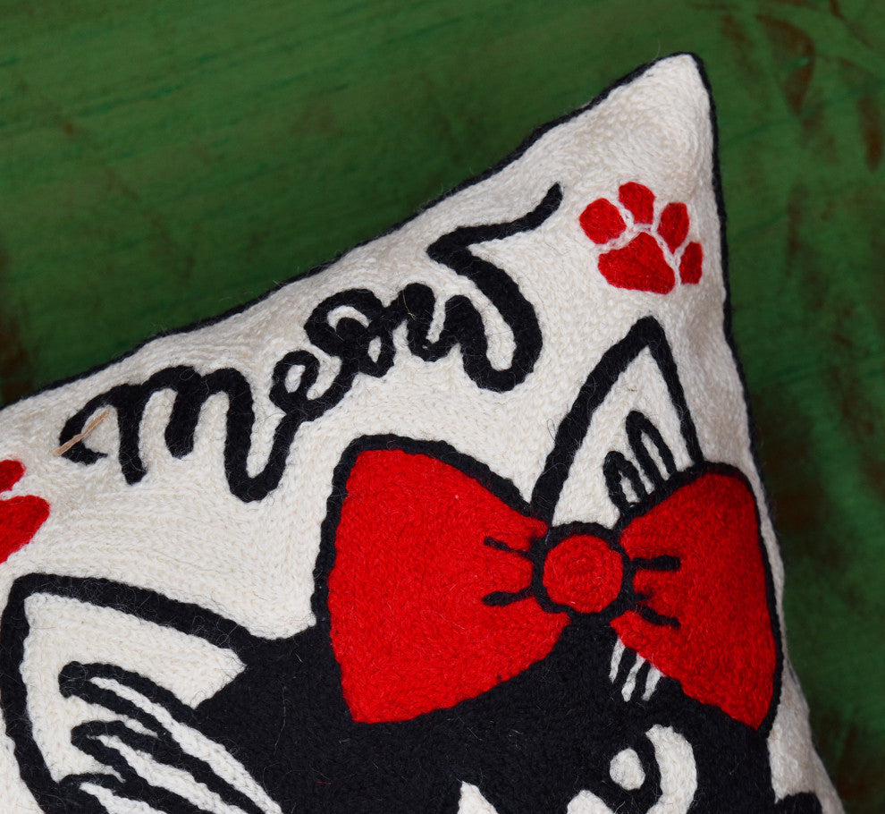 I Love Cats Decorative Pillow Cover Ivory Cream Whimsical Handmade Wool 18x18