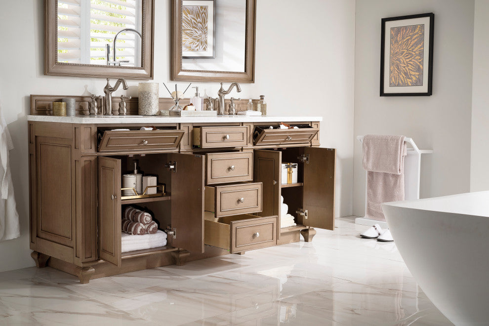 Bristol 72" Double Vanity Bright White, Whitewashed Walnut, Carrara Marble, Three-Hole