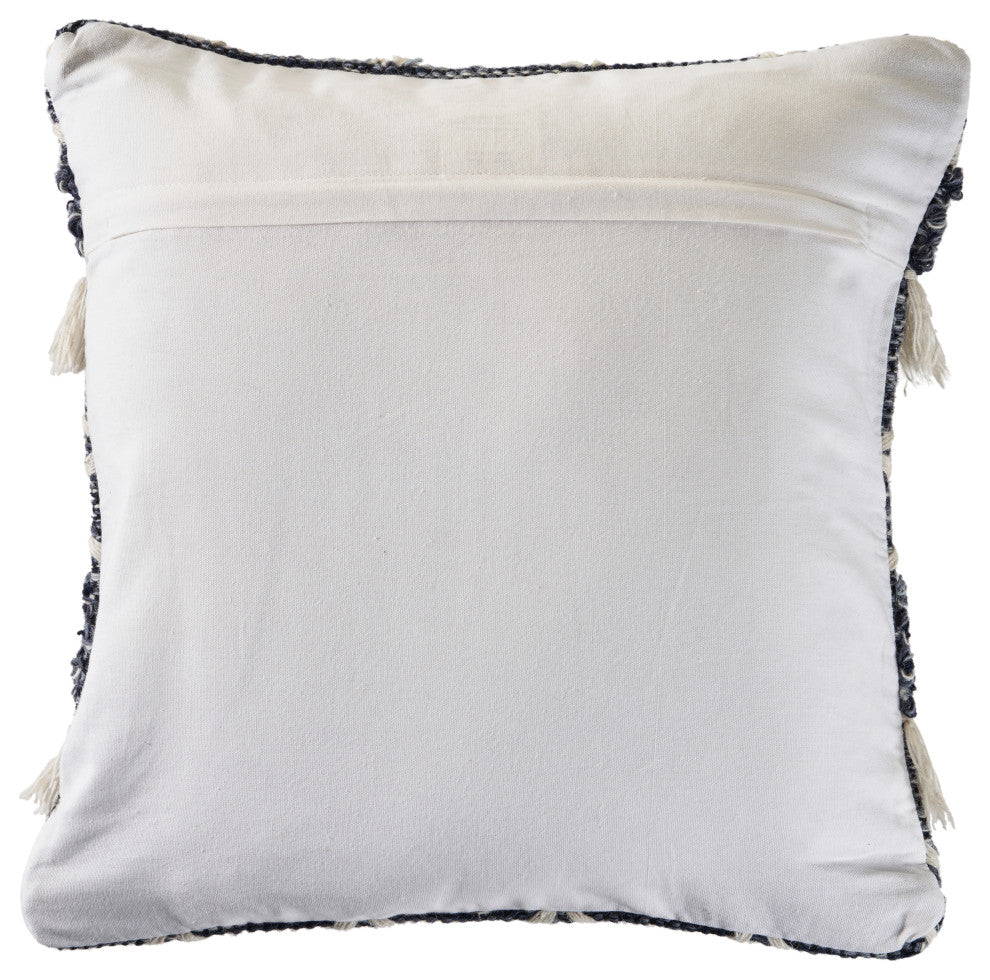 Navy and Ivory Textured with Fringe Throw Pillow